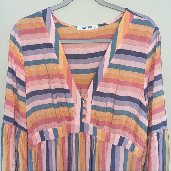 Self Contrast Sophia Maxi Dress L Bright Pastel Stripes with Metallic Thread NEW - Picture 5 of 12